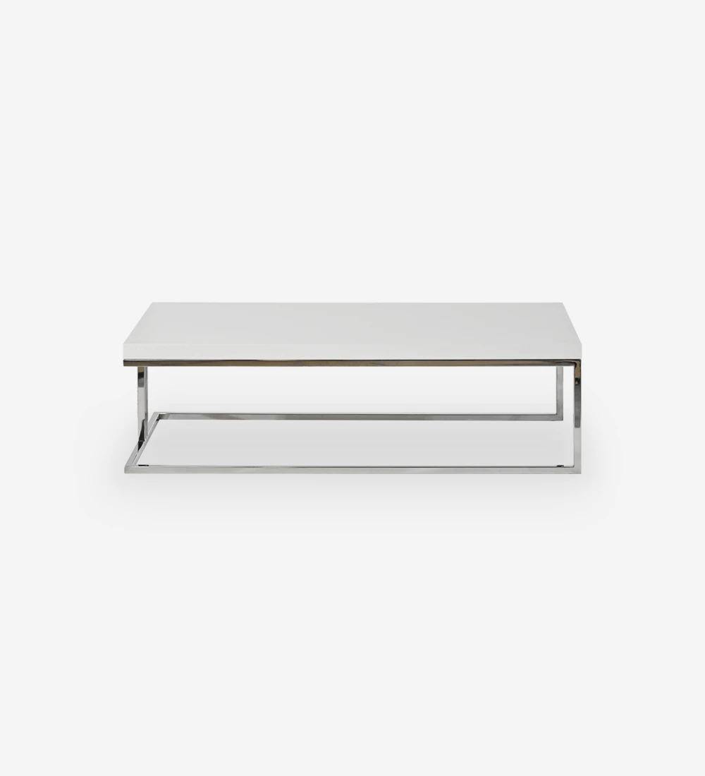 Table basse rectangulaire avec plateau laqué perle et pied en acier inoxydable