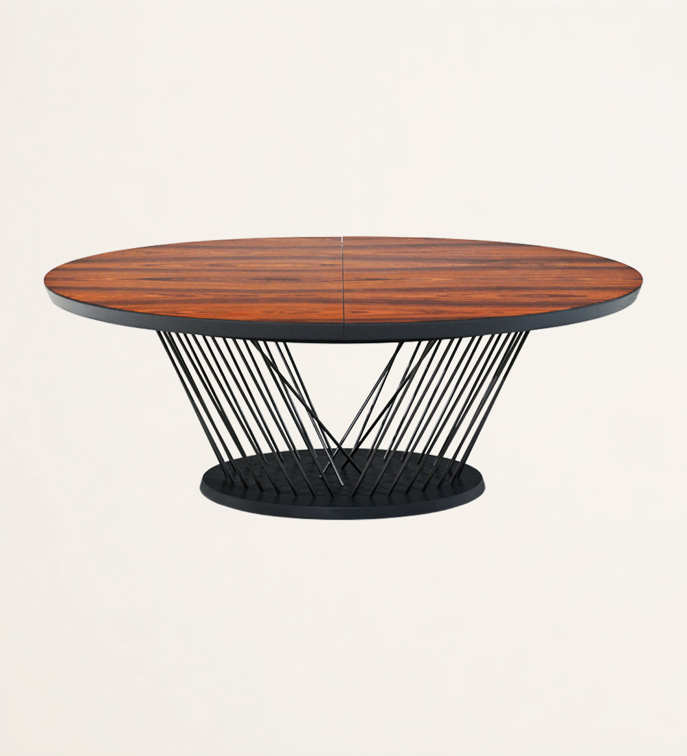Mesa de jantar extensível oval com tampo em palissandro alto brilho e pés metálicos e base lacados a negro