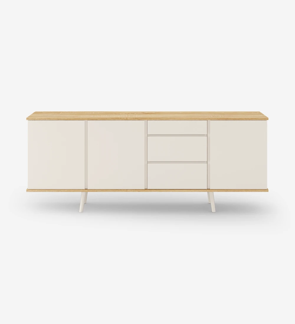 Oslo sideboard with 3 doors, 3 drawers and pearl lacquered feet, natural oak structure, 195 x 78,5 cm.