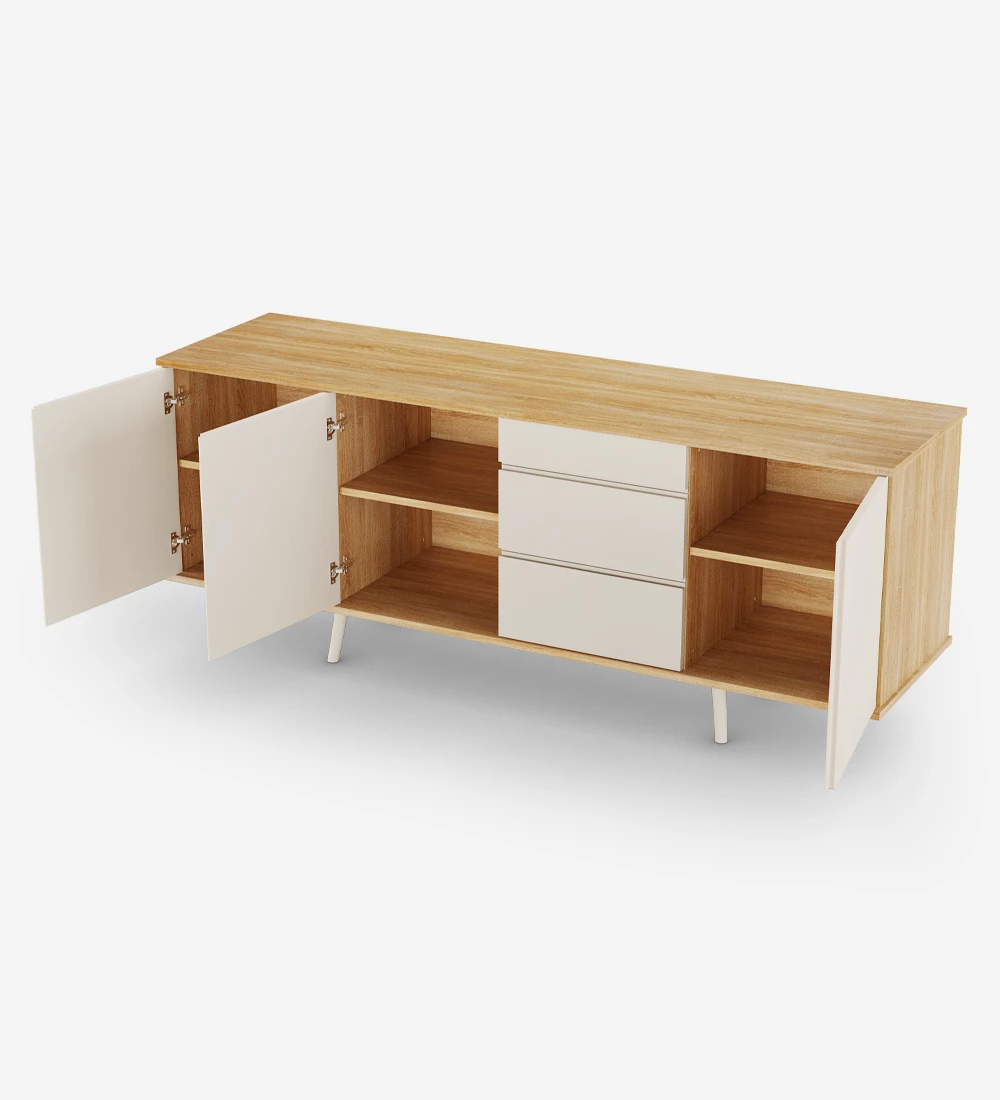 Oslo sideboard with 3 doors, 3 drawers and pearl lacquered feet, natural oak structure, 195 x 78,5 cm.