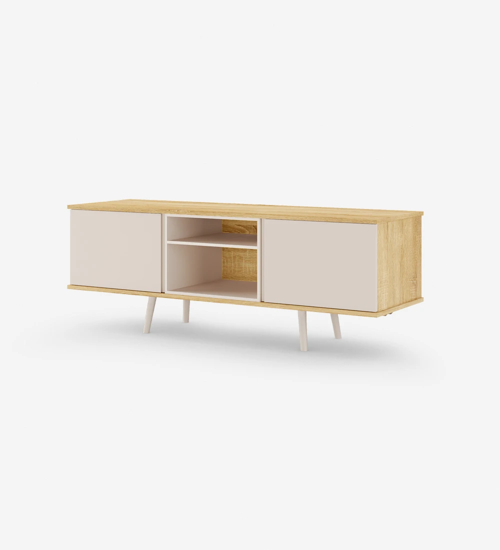 TV stand with 2 doors, module and pearl lacquered legs, natural color oak structure.