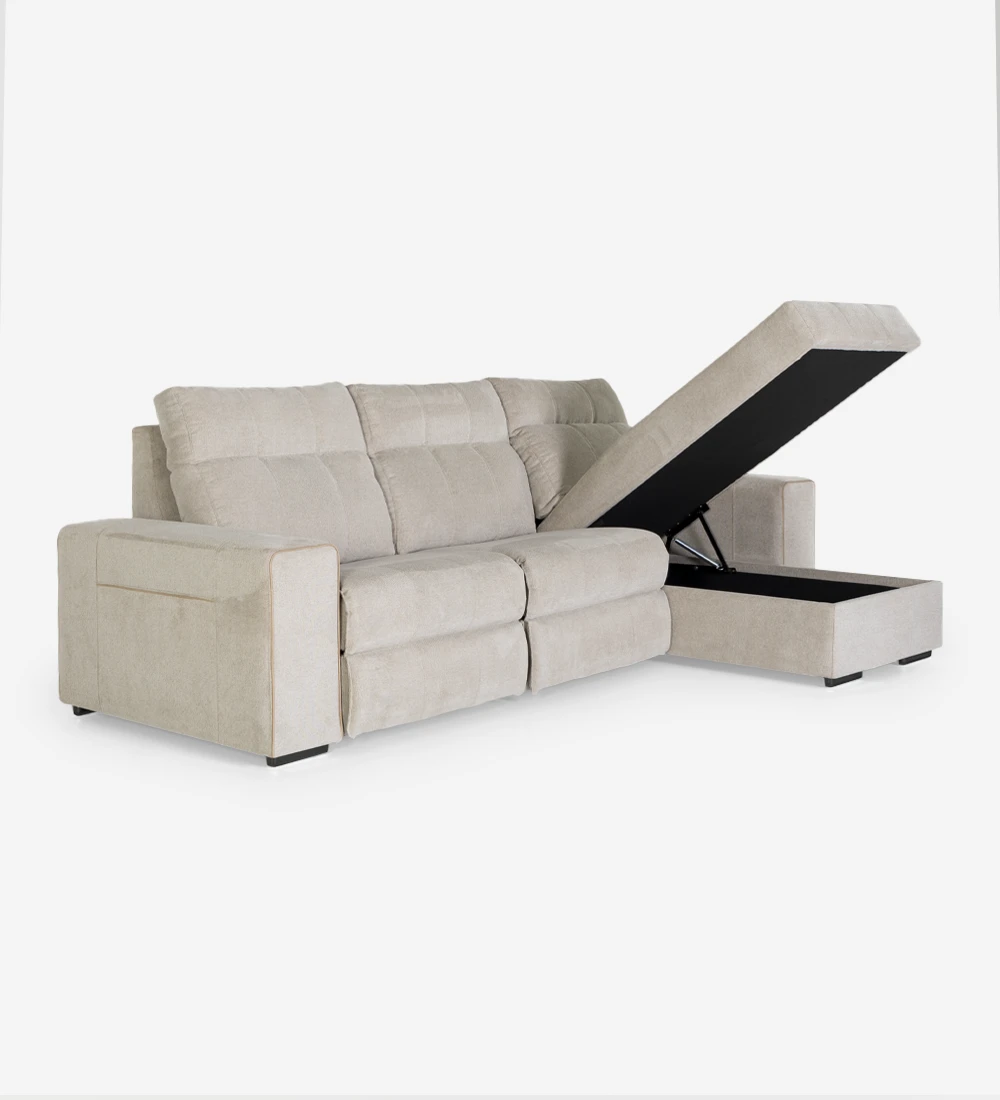 Sofá de 2 lugares com chaise longue, estofado a tecido, com sistema relax e arrumação na chaise longue.