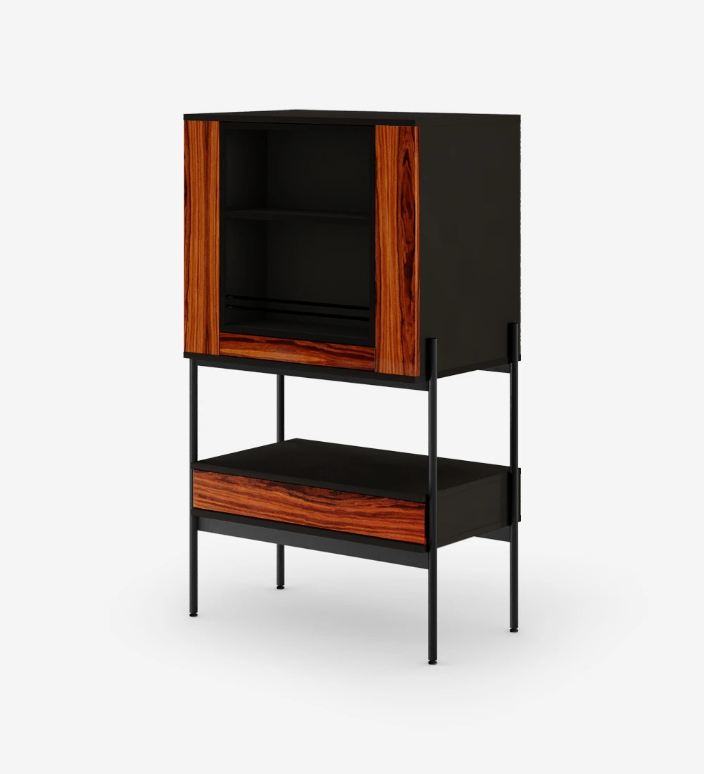 Bar cabinet with black structure, doors and drawer in high gloss palissander, black lacquered metal structure, feet with levelers. Rotating center with support for bottles and glasses, back with mirror.