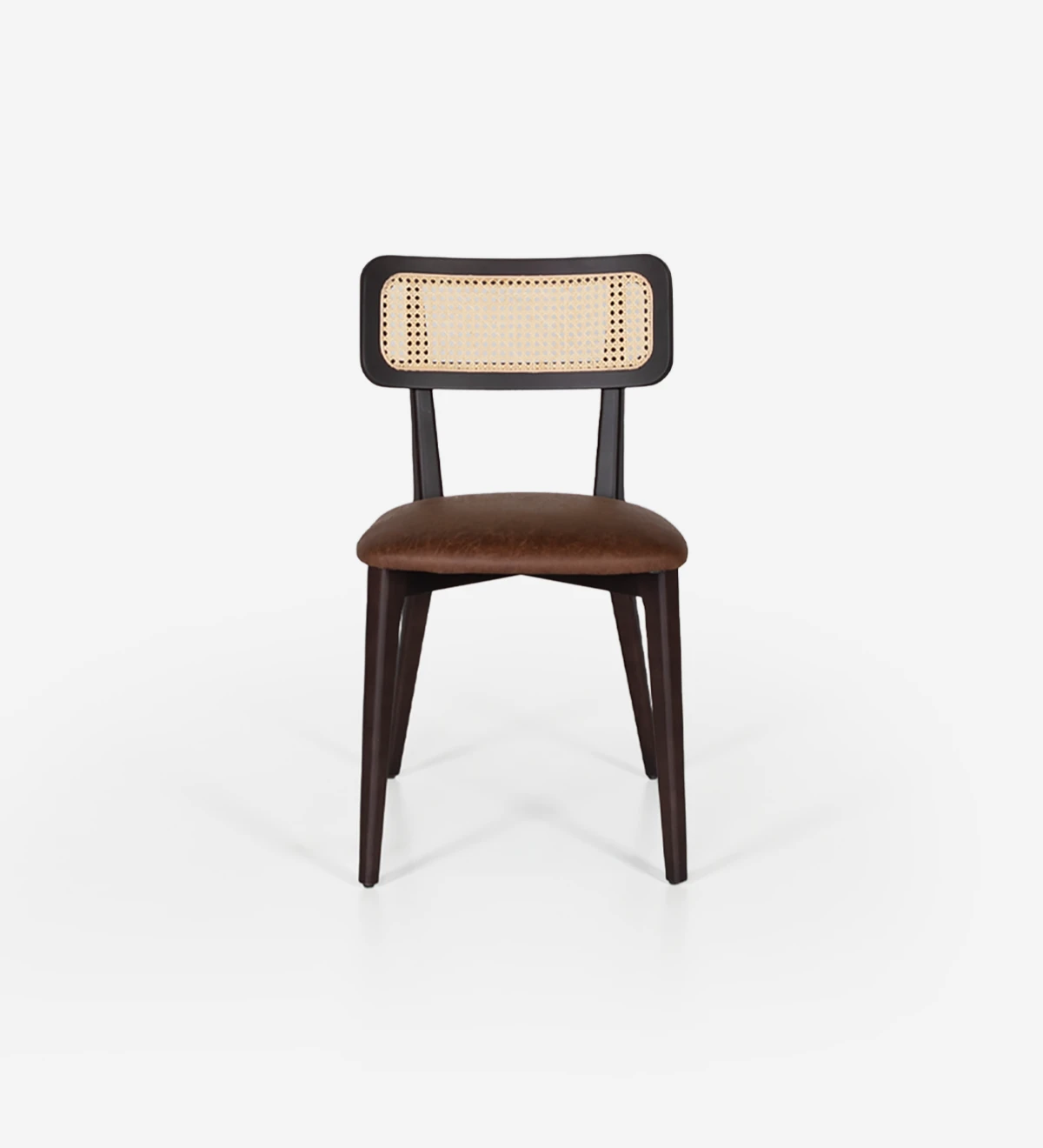 Wood chair, with rattan detail on the back and fabric upholstered seat.