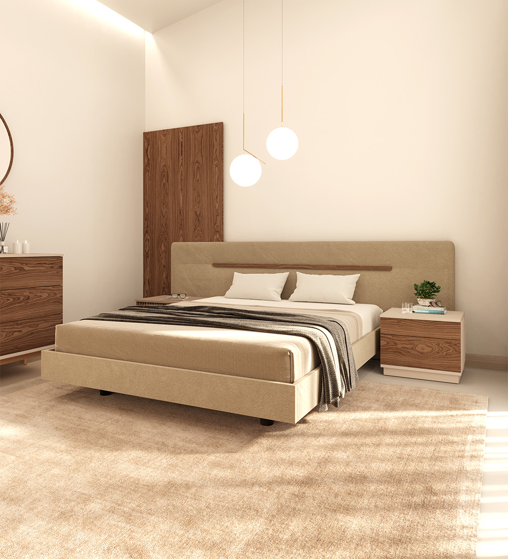 Double bed with headboard and upholstered suspended base, walnut detail.