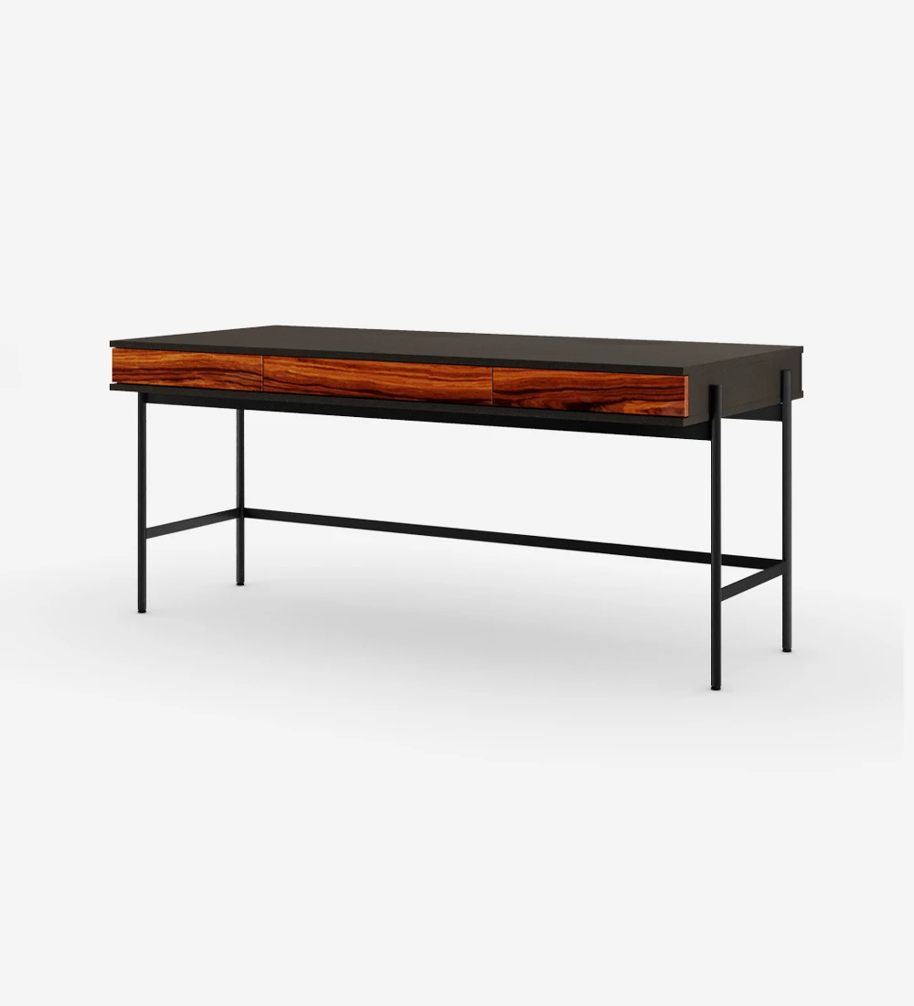 Desk with 2 drawers in high gloss palisander, black structure and black lacquered metal feet with levelers.