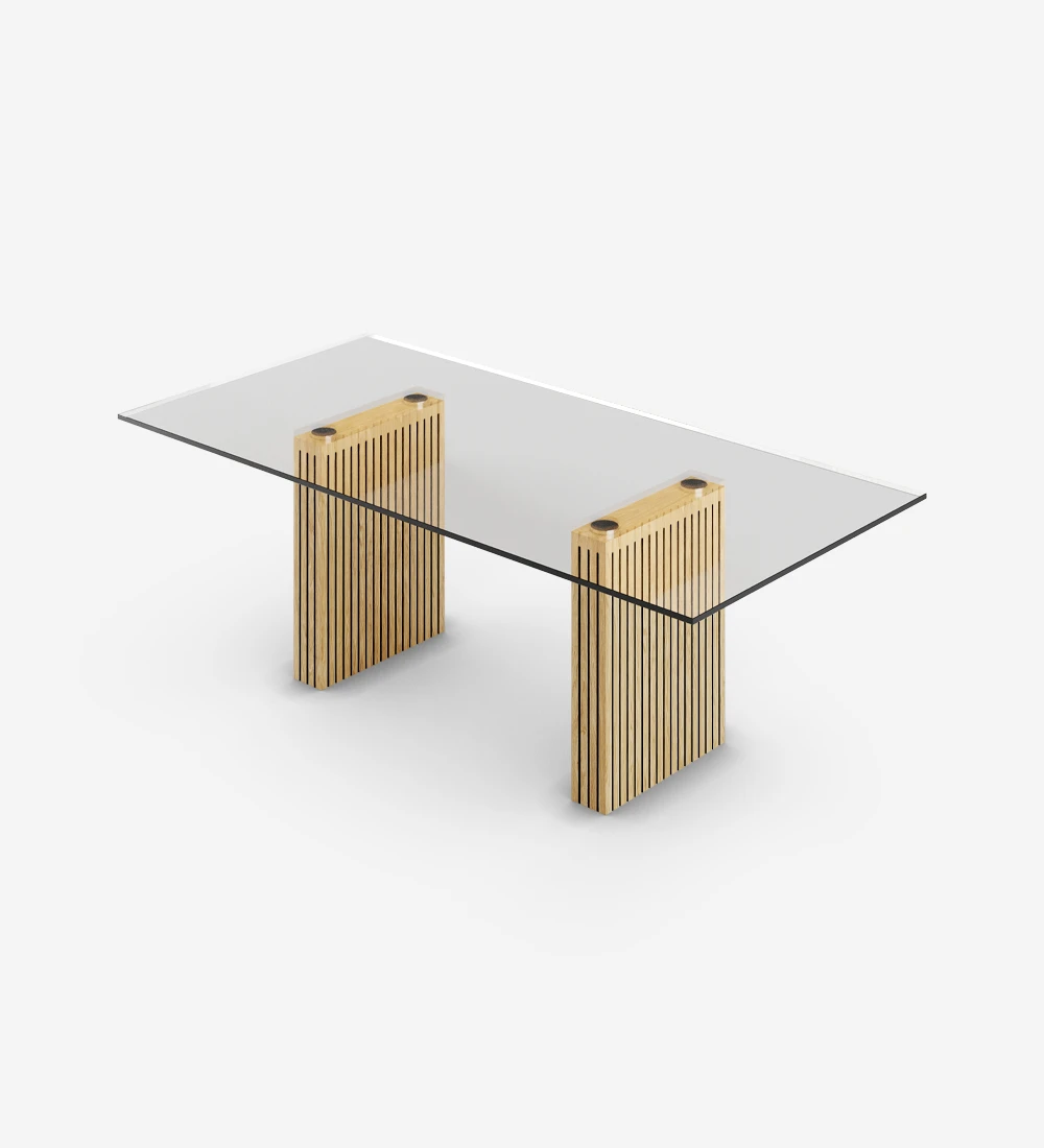 Table de repas rectangulaire avec plateau en verre, pieds en chêne naturel avec frises.
