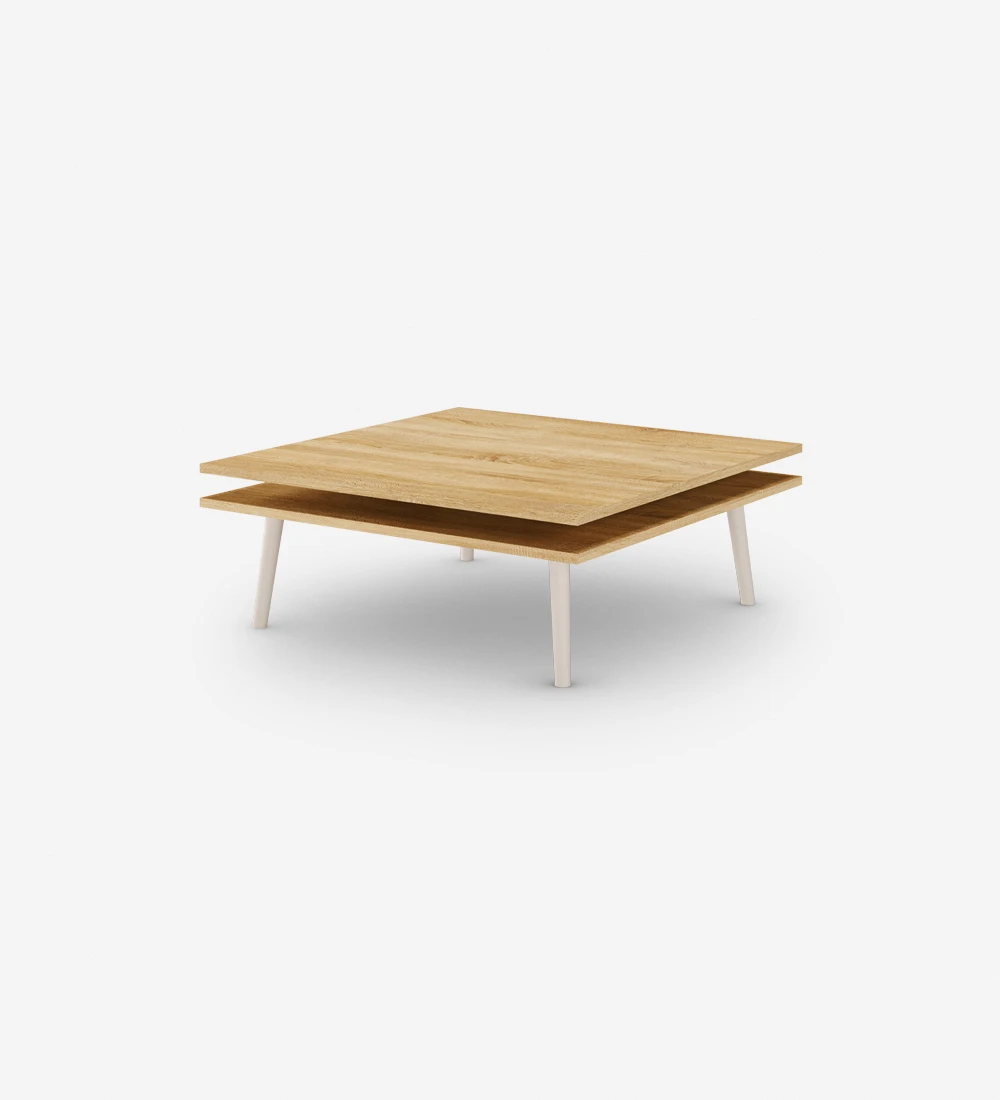 Oslo square center table, 2 natural oak tops and pearl lacquered feet, 90 x 90 cm.