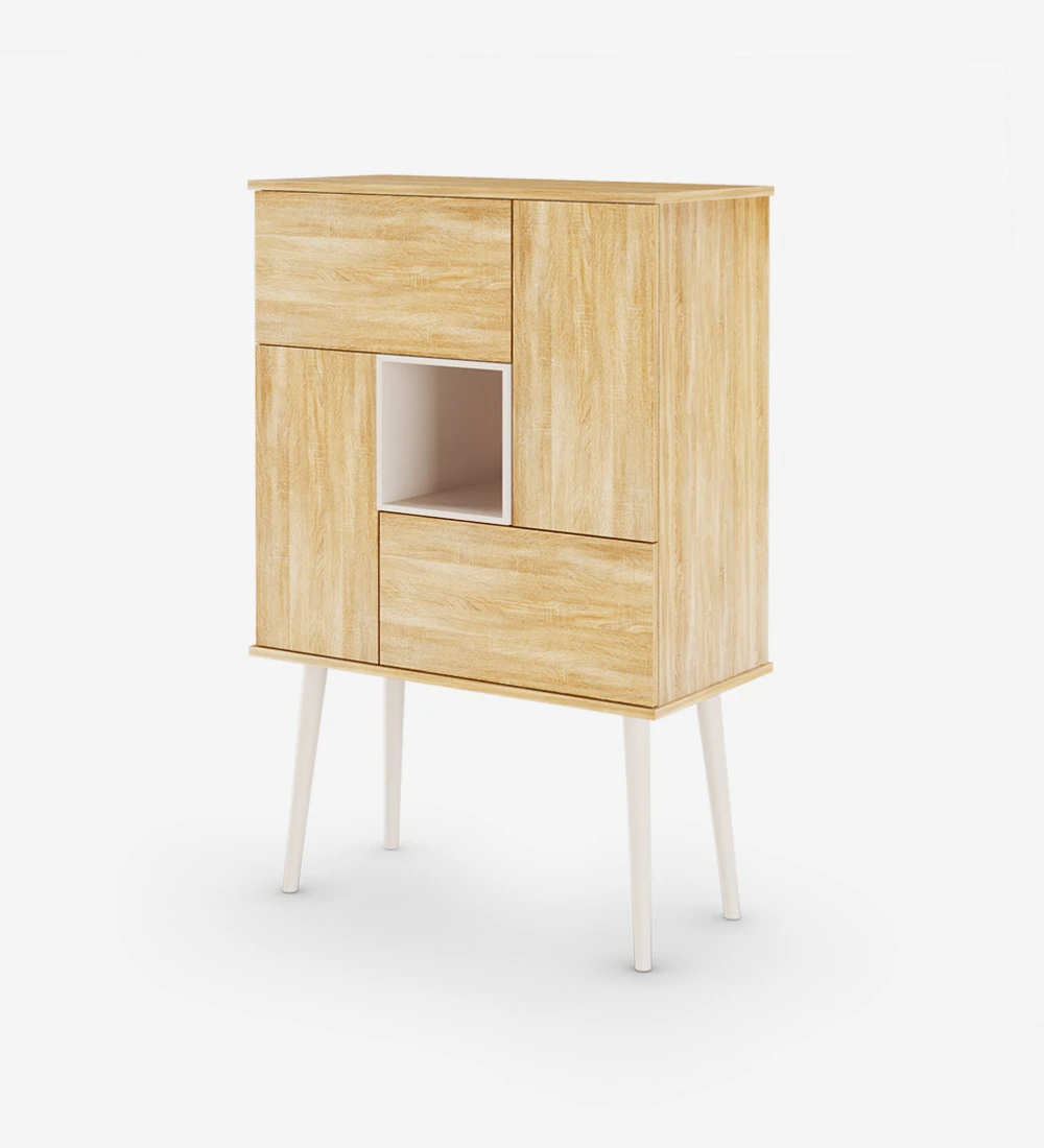 Oslo bar cabinet in natural oak, pearl lacquered module and feet, 92 x 141,2 cm.