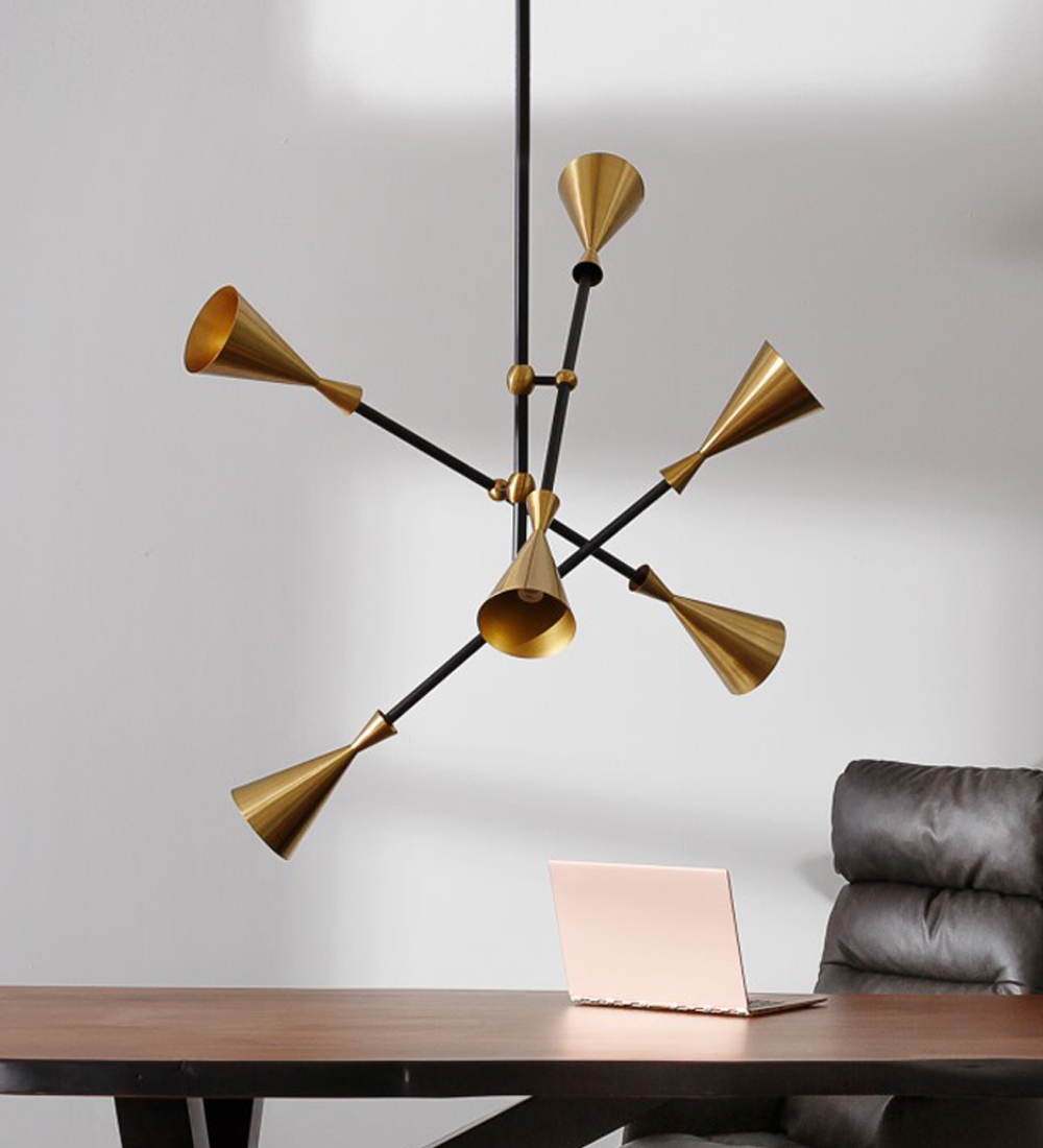 Suspended ceiling lamp in black and gold metal