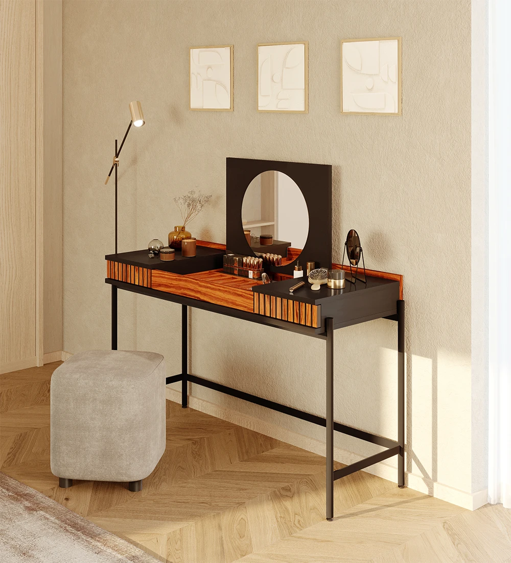 Dressing Table with 2 drawers with friezes in high gloss palisander, black structure and black lacquered metal feet with levelers.