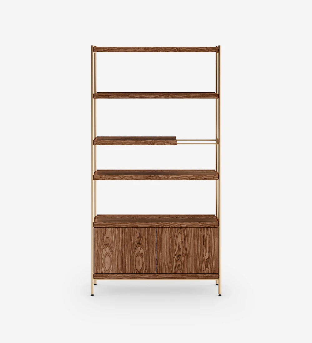 Double-sided bookcase with 2 doors module, in walnut, with a golden lacquered metal structure, feet with levelers.