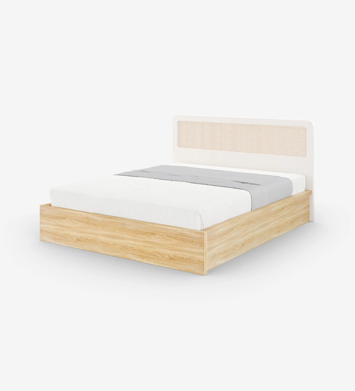 Cama de casal em carvalho cor natural, cabeceira simples em lacado pérola com pormenor em rattan.