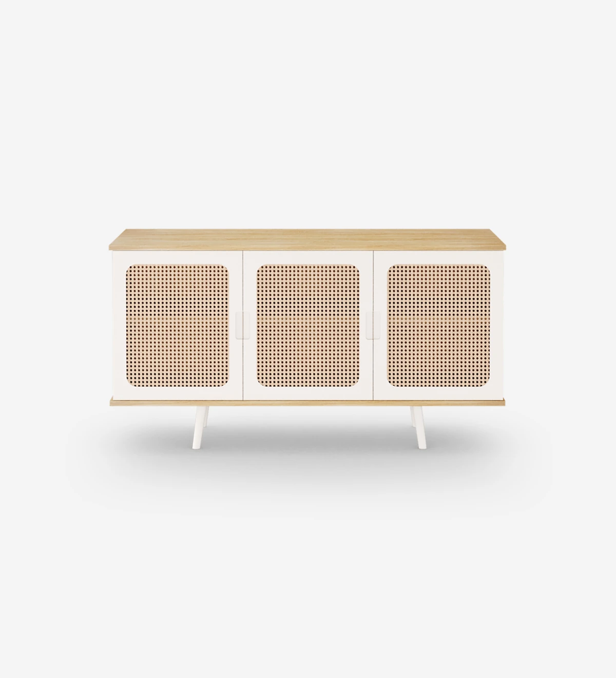 Sideboard with 3 doors detail in rattan, pearl lacquered feet and structure in natural color oak.