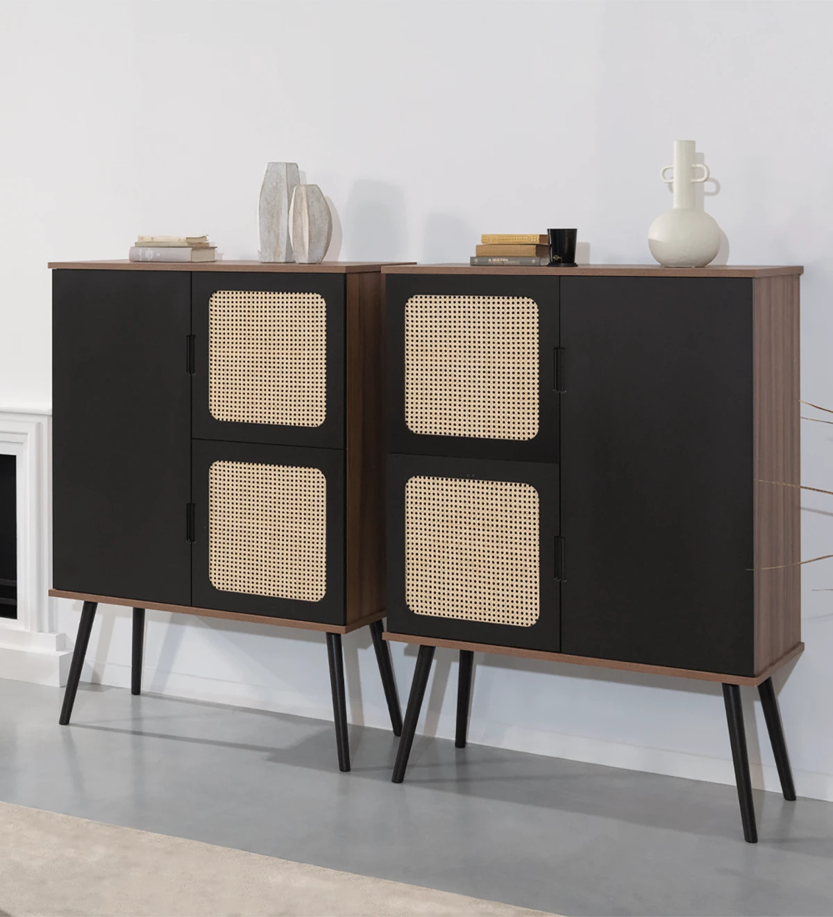 Cupboard with 3 doors, rattan detail in 2 doors, walnut structure, lacquered dark brown doors and feet.