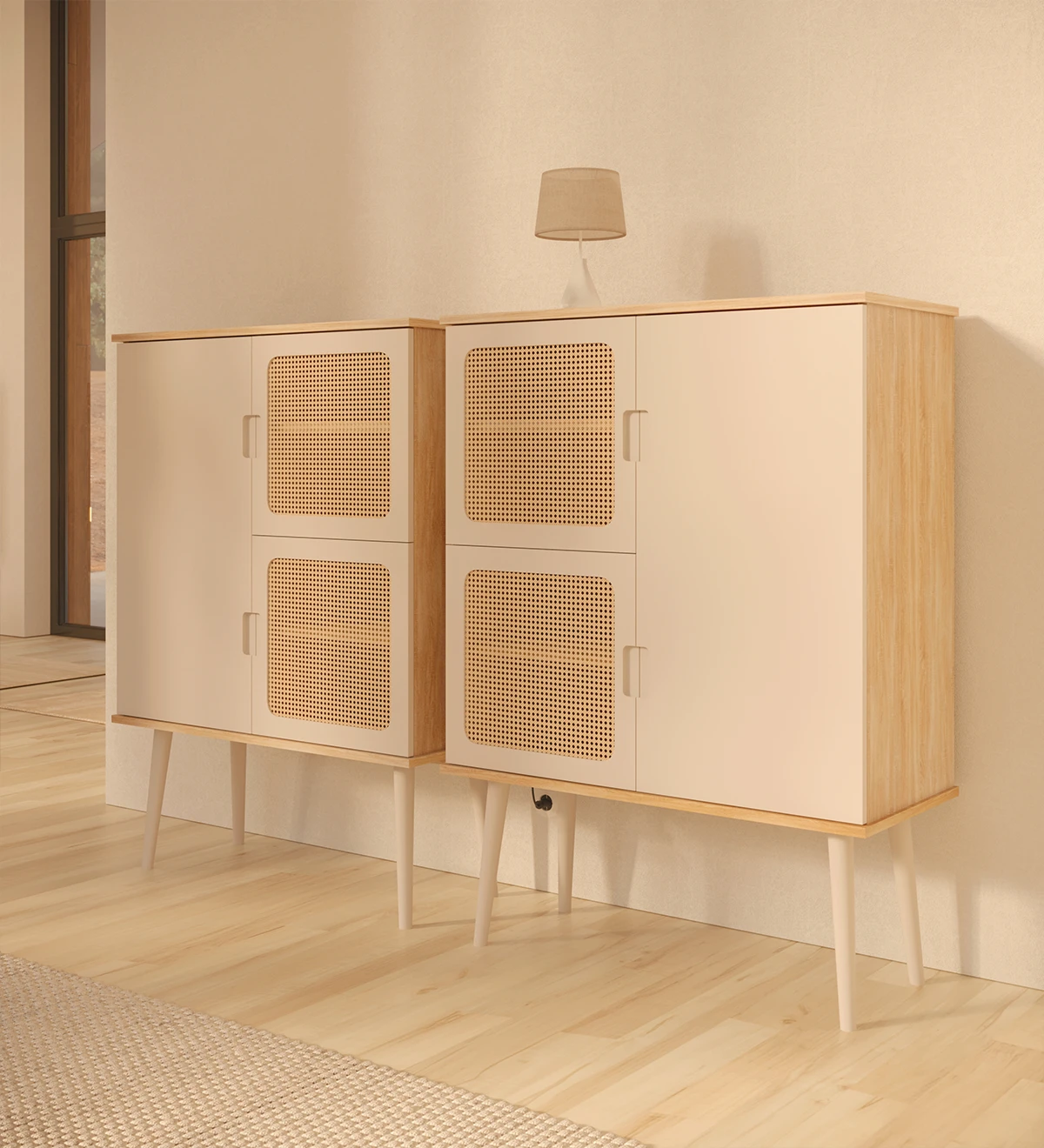 Cupboard with 3 doors, rattan detail in 2 doors, natural color oak structure, pearl lacquered doors and feet.