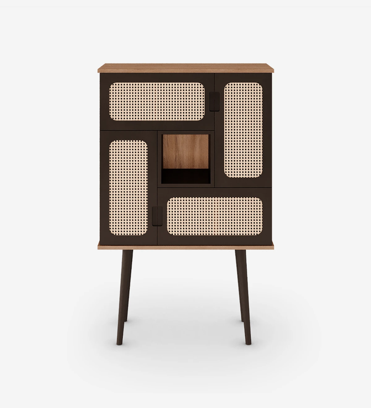 Bar cabinet with 4 rattan detailed doors, walnut structure, module and feet lacquered in dark brown.