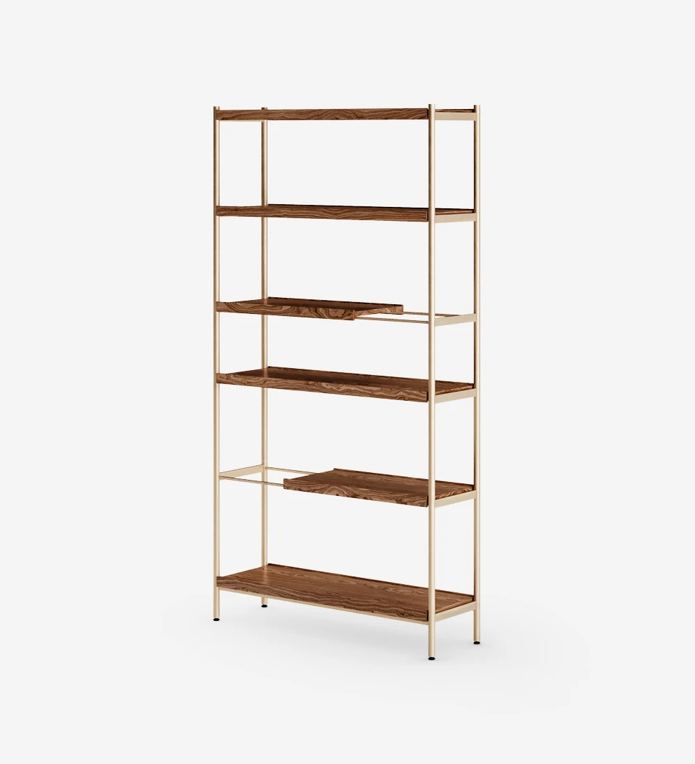 Double-sided bookcase in walnut, with a golden lacquered metal structure, feet with levelers.