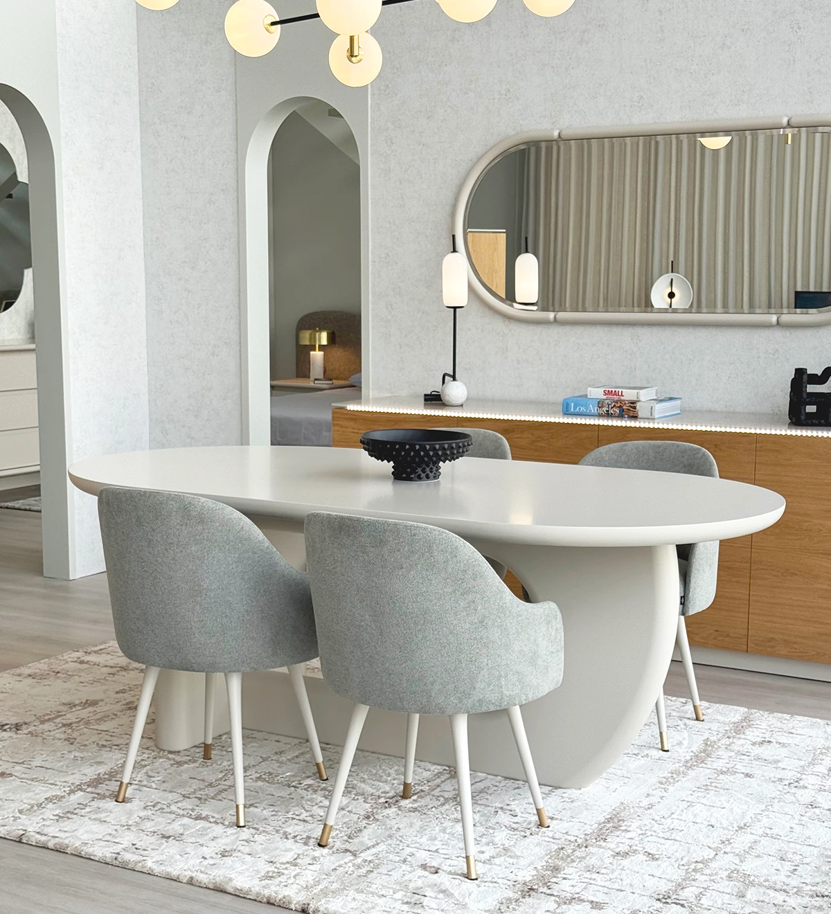 Mesa de comedor ovalada Monaco 200 x 105 cm, lacada perla.