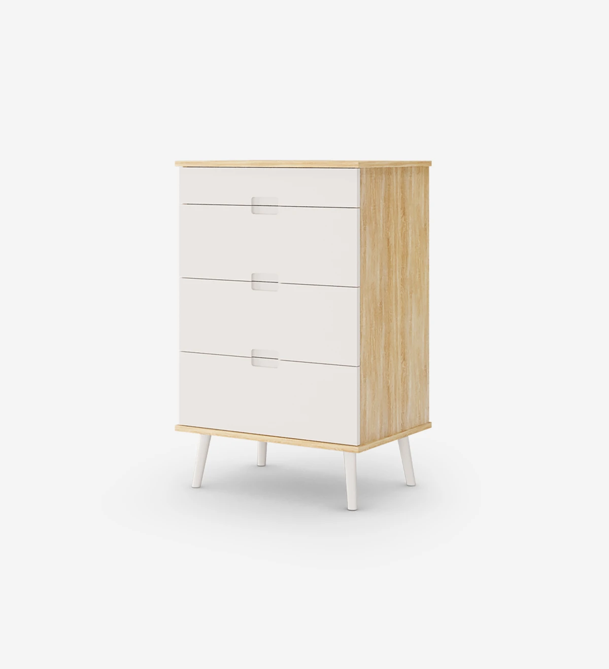 Dresser with 4 drawers with pearl lacquered fronts, pearl lacquered turned legs and natural oak structure.