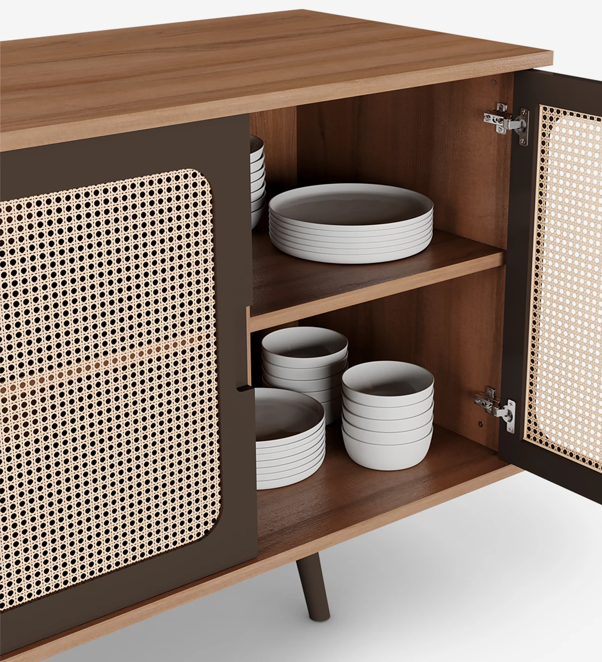 Sideboard with 3 rattan detail doors, dark brown lacquered legs and walnut frame.