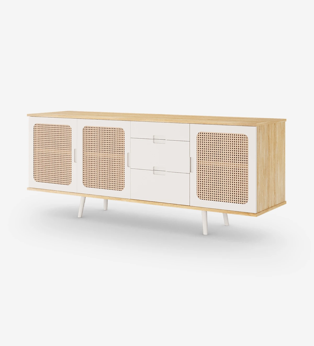 Sideboard with 3 rattan detail doors, 3 drawers and pearl lacquered legs, natural color oak structure.