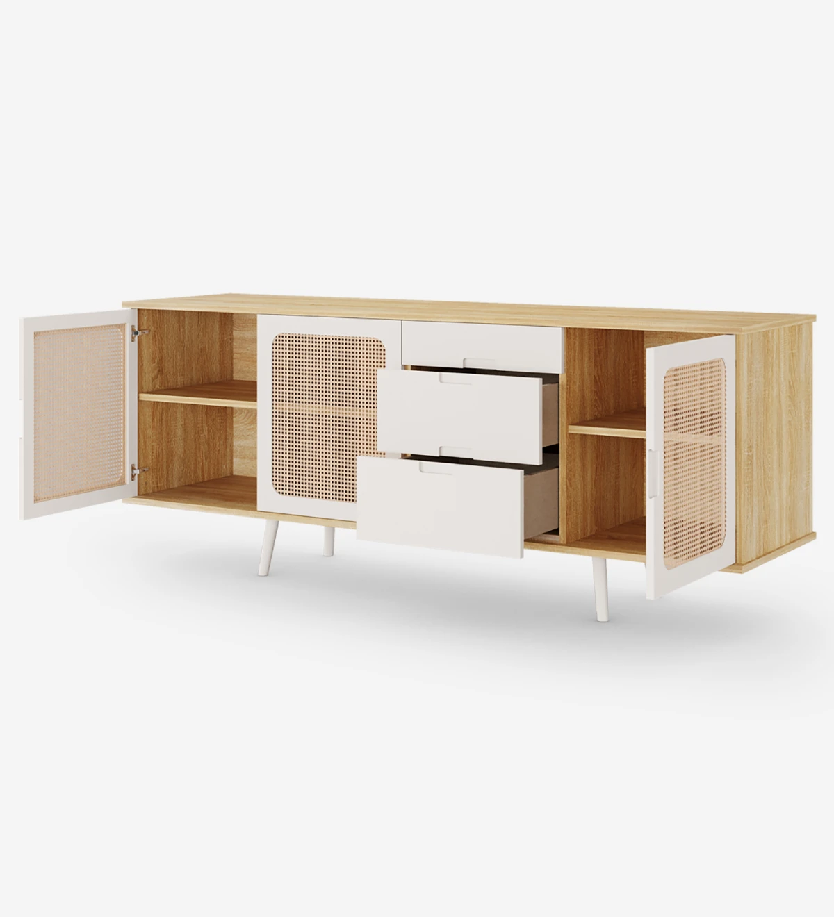 Sideboard with 3 rattan detail doors, 3 drawers and pearl lacquered legs, natural color oak structure.