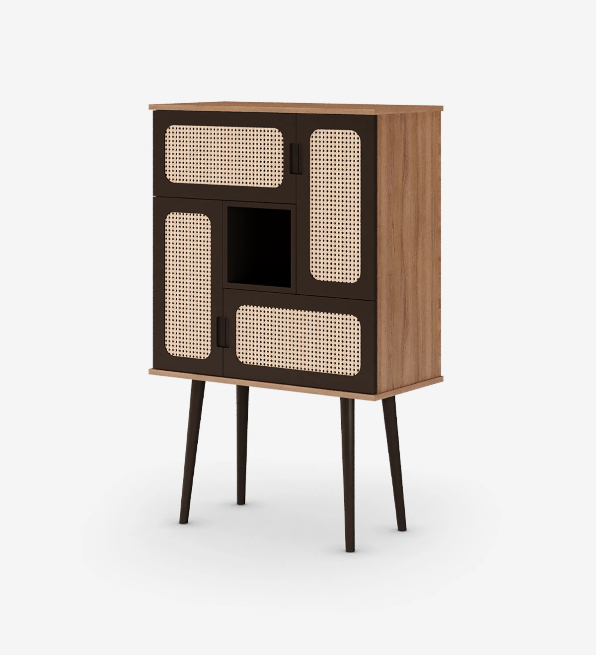 Bar cabinet with 4 rattan detailed doors, walnut structure, module and feet lacquered in dark brown.