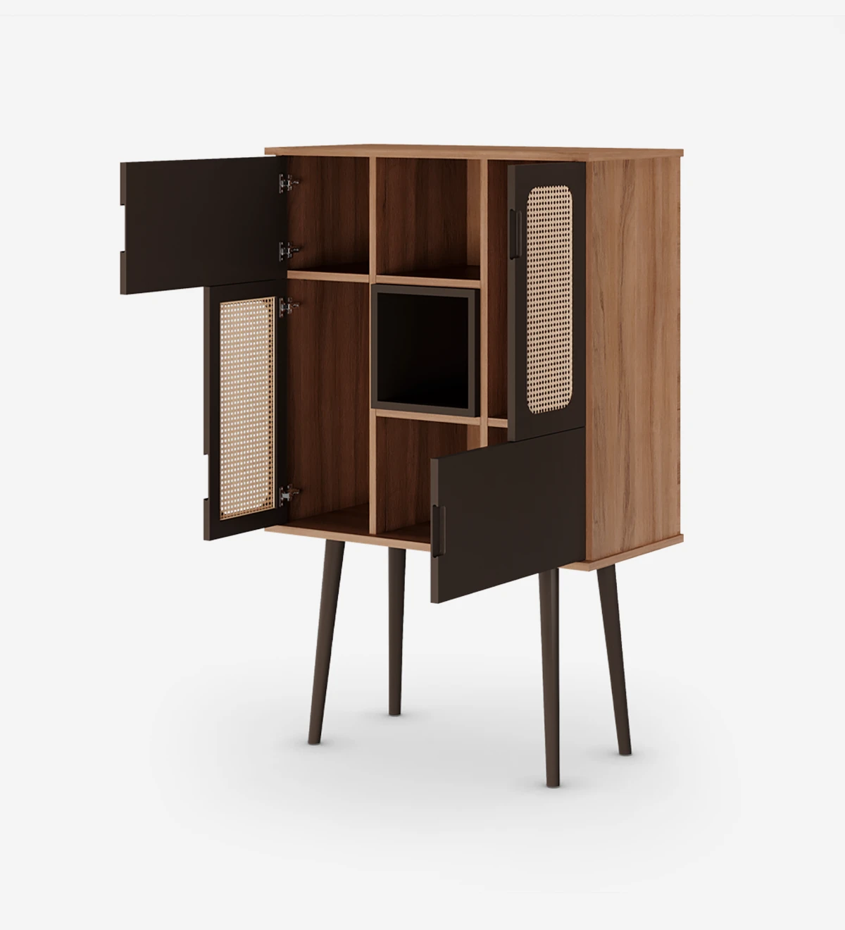 Bar cabinet with 4 doors, rattan detail in 2 doors, walnut structure, module and feet lacquered in dark brown.