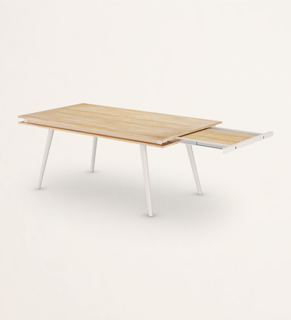 Rectangular extendable dining table with natural oak top, pearl lacquered legs.