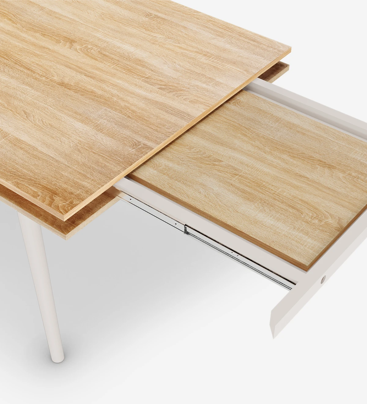 Rectangular extendable dining table with natural oak top, pearl lacquered legs.