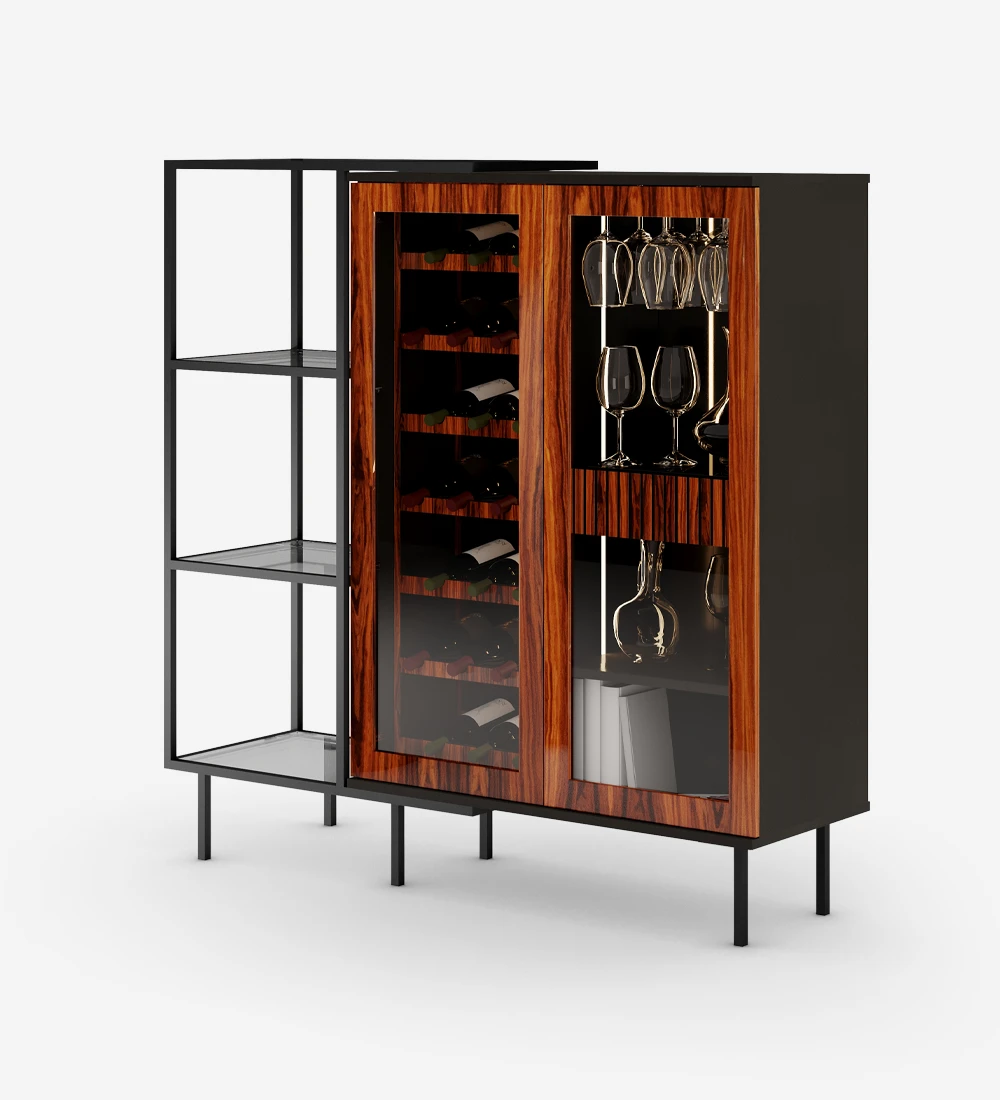 Wine cellar cabinet in high gloss palissander, with lighting, black structure and black lacquered metal feet with levelers. Side extension with black lacquered metal structure, glass shelf.