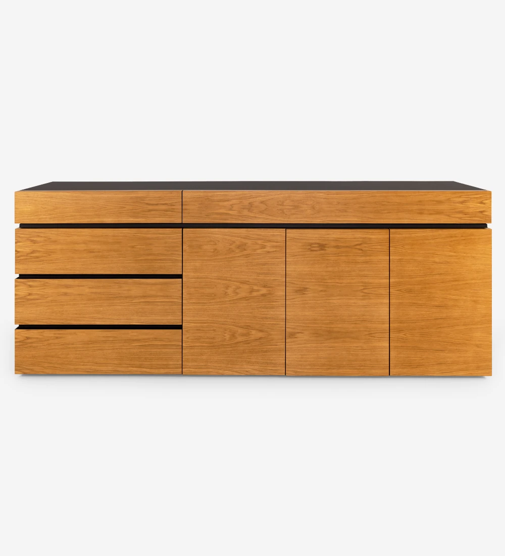 Sideboard with doors and drawers in honey oak, black lacquered structure, with drawer for cutlery.