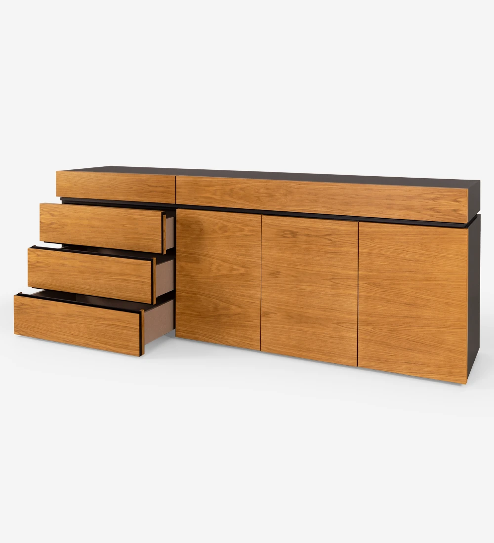 Sideboard with doors and drawers in honey oak, black lacquered structure, with drawer for cutlery.