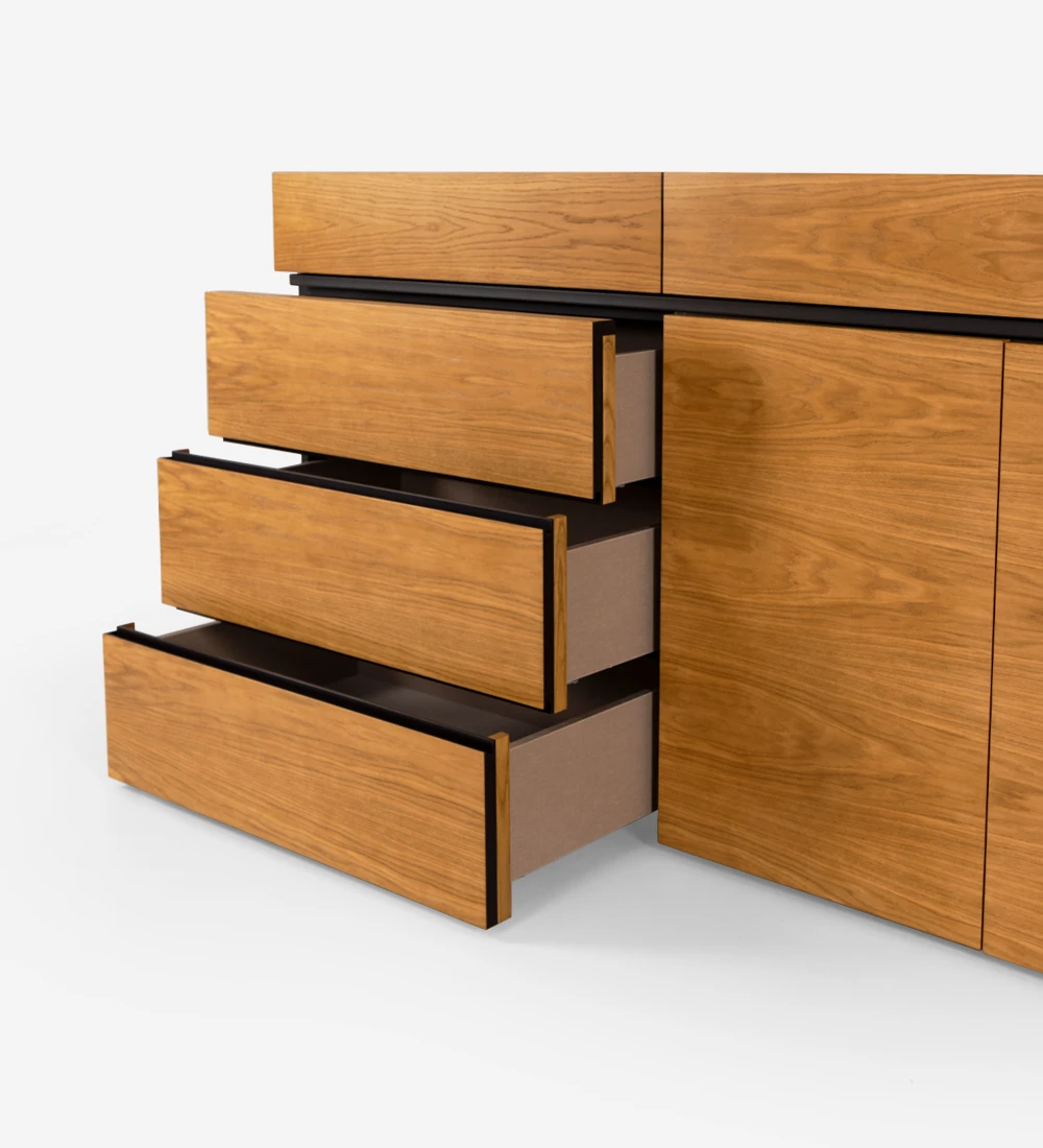 Sideboard with doors and drawers in honey oak, black lacquered structure, with drawer for cutlery.