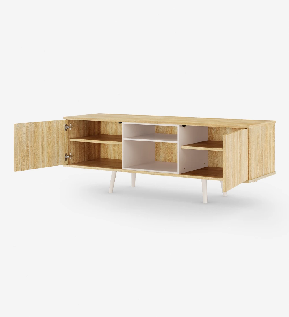 TV stand with 2 doors and structure in natural oak, module and feet lacquered in pearl.