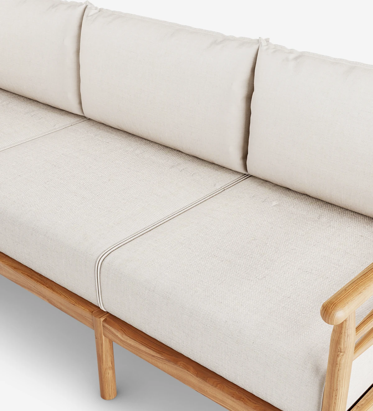 Sofá de 3 lugares com almofadas estofadas a tecido e estrutura em madeira natural