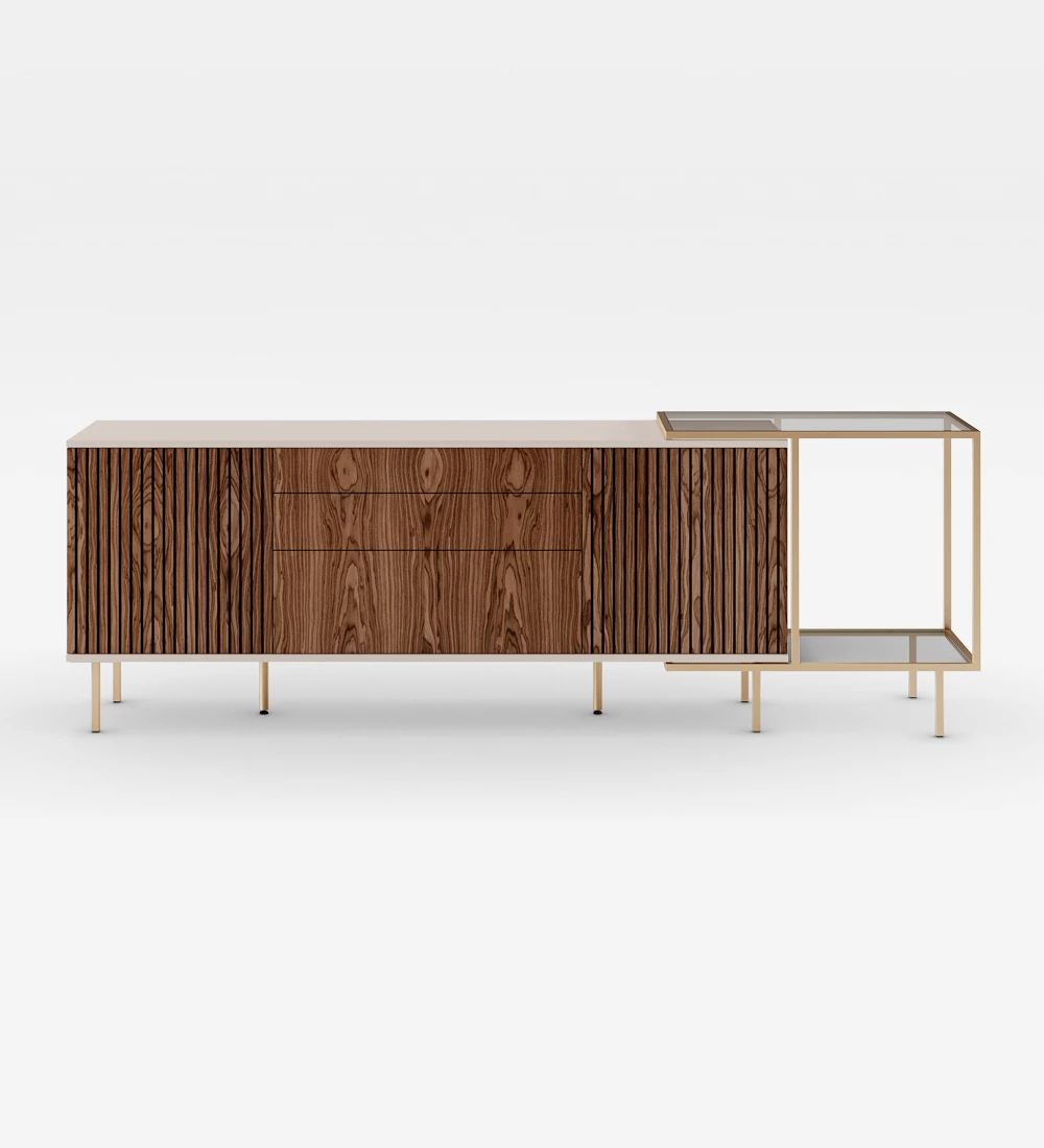 Sideboard with 2 friezes doors, 1 hinged door and 2 walnut drawers, pearl structure and gold lacquered metal feet with levelers. Side extension with gold lacquered metal structure, glass top and shelf.