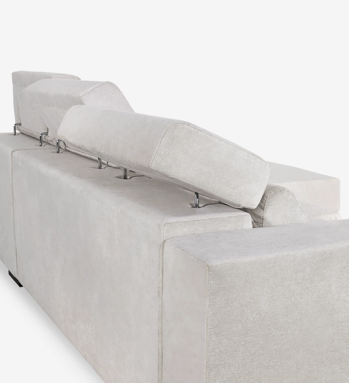 Sofá de 2 lugares com chaise longue reversível, estofado a tecido, com apoios de cabeça reclináveis, assentos deslizantes e arrumação na chaise longue.