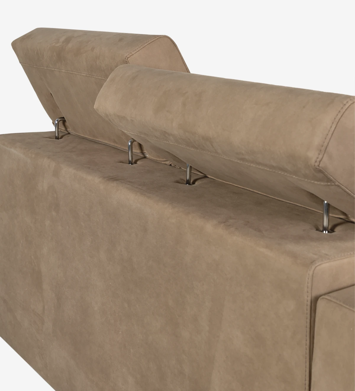 2 seater, upholstered in fabric, with reclining headrests and sliding seats.