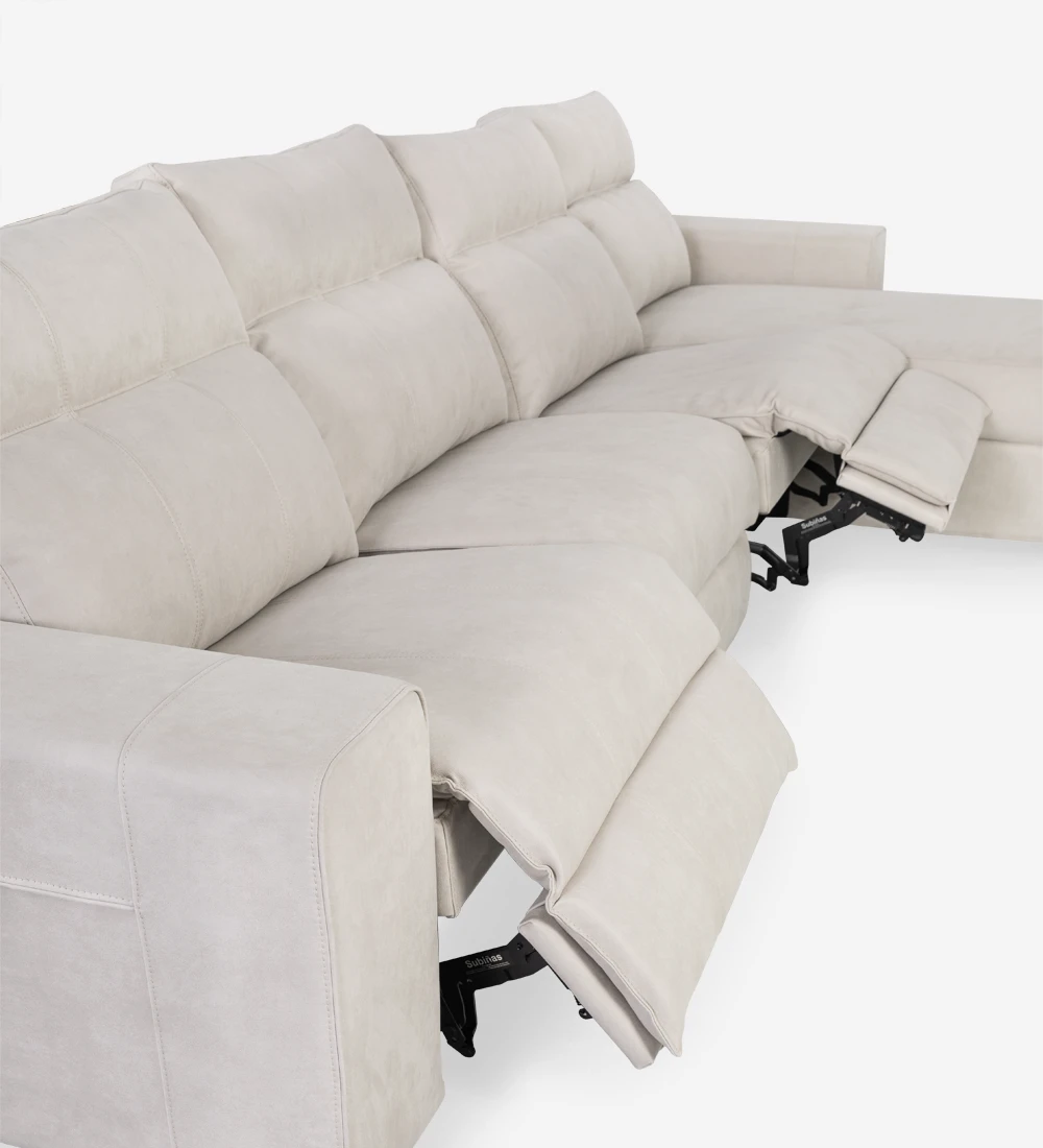 Canapé 3 places avec chaise longue revêtu en tissu, avec système relax et rangement sur la chaise longue.