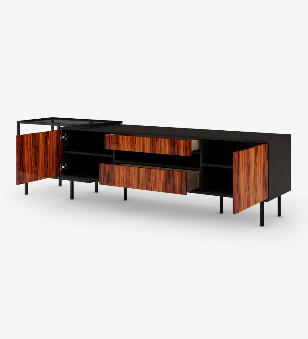 TV stand with two doors and two drawers in high gloss palissander, black structure and black lacquered metal feet with levelers. Side extension with black lacquered metal structure, top and glass shelf.
