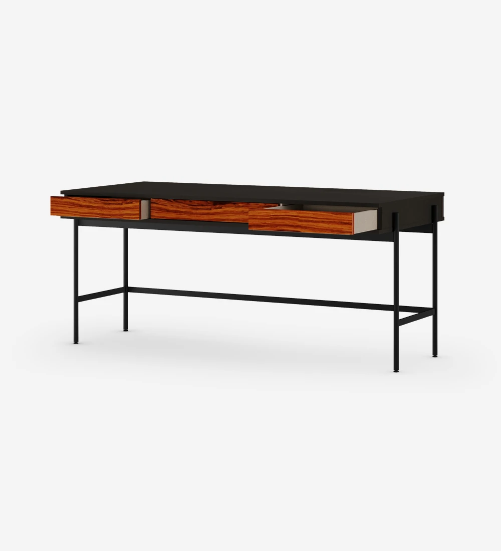 Desk with 2 drawers in high gloss palisander, black structure and black lacquered metal feet with levelers.