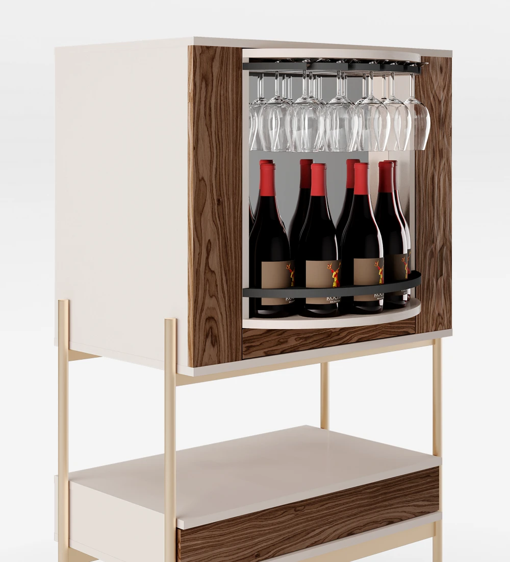 Bar cabinet with pearl structure, walnut doors and drawer, gold lacquered metal structure, legs with levelers. Rotating center with bottle and glass holder, mirrored back.