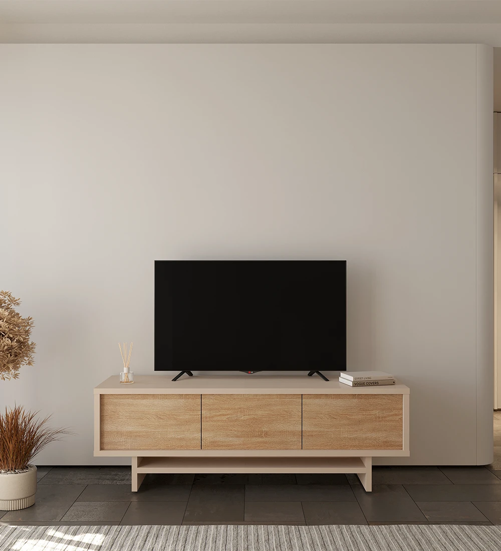 Mueble TV con 3 puertas en roble natural, con estructura en perla.