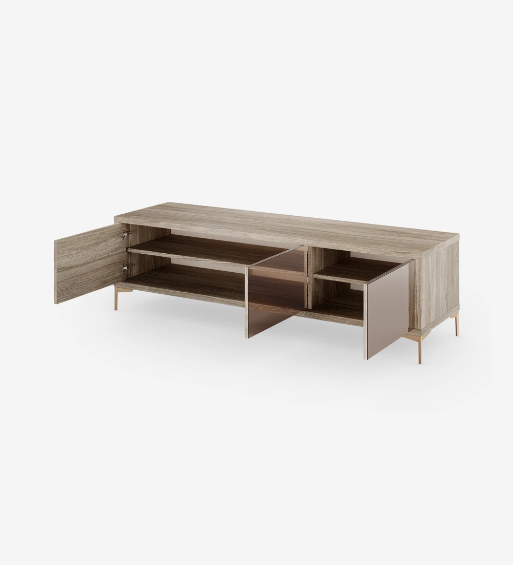 TV Stand with 3 rosé mirror doors, with decapé oak structure and golden metallic feet.