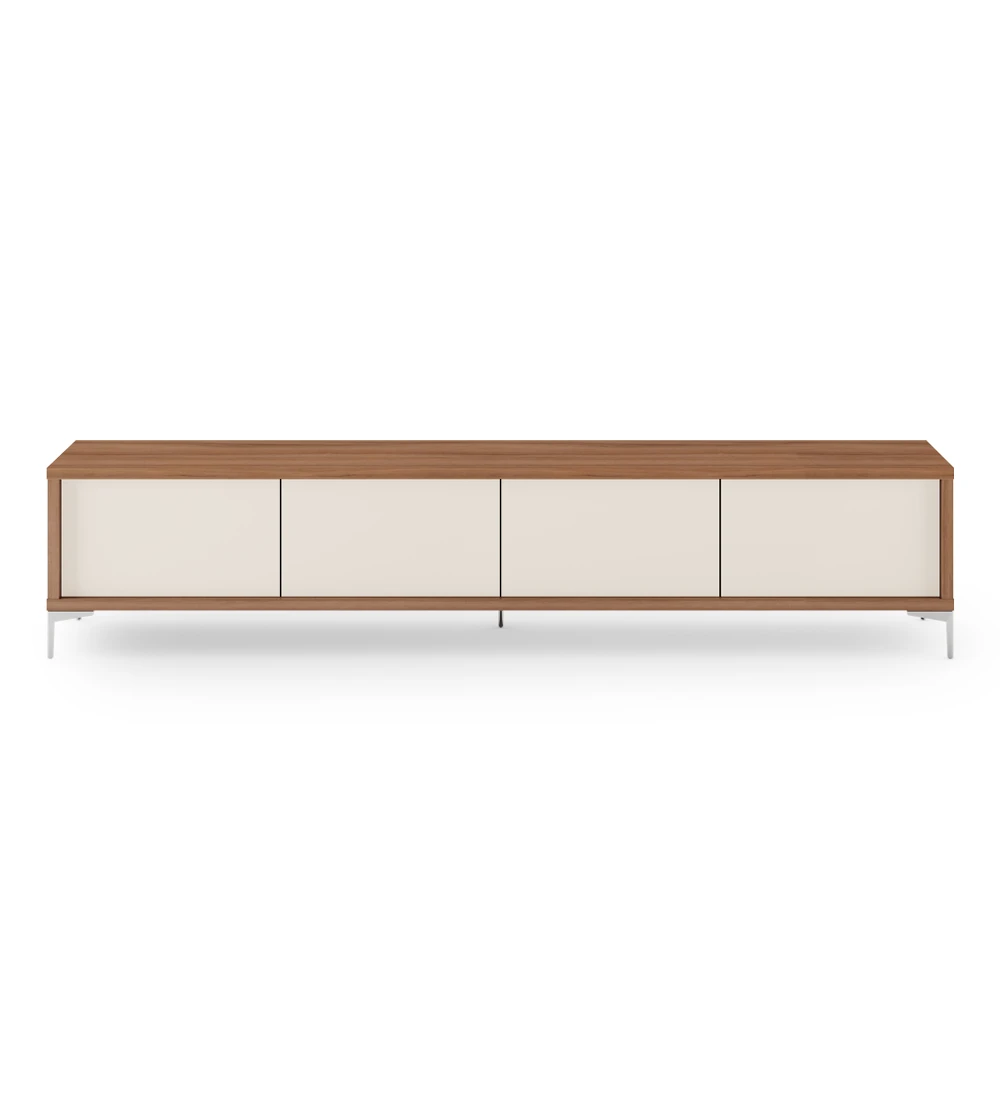 Rio TV stand 4 doors in pearl, walnut structure and metal feet, 235 x 50 cm.
