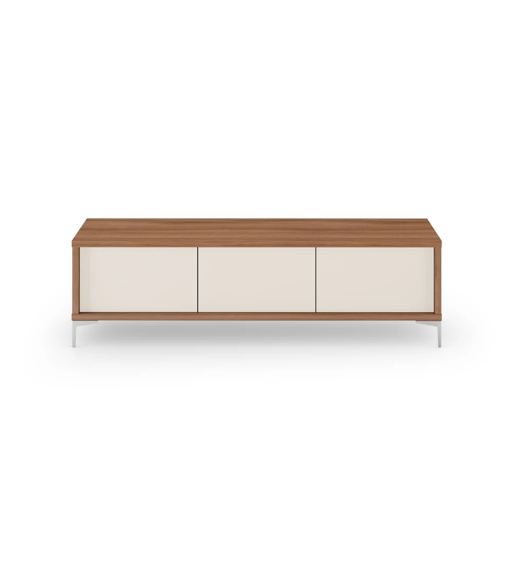 Rio TV stand 3 doors in pearl, walnut structure and metal feet, 172 x 50 cm.