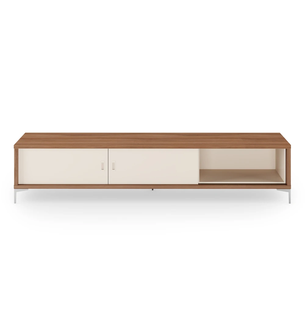 Rio TV stand 2 sliding doors in pearl, walnut structure and metal feet, 235 x 50 cm.