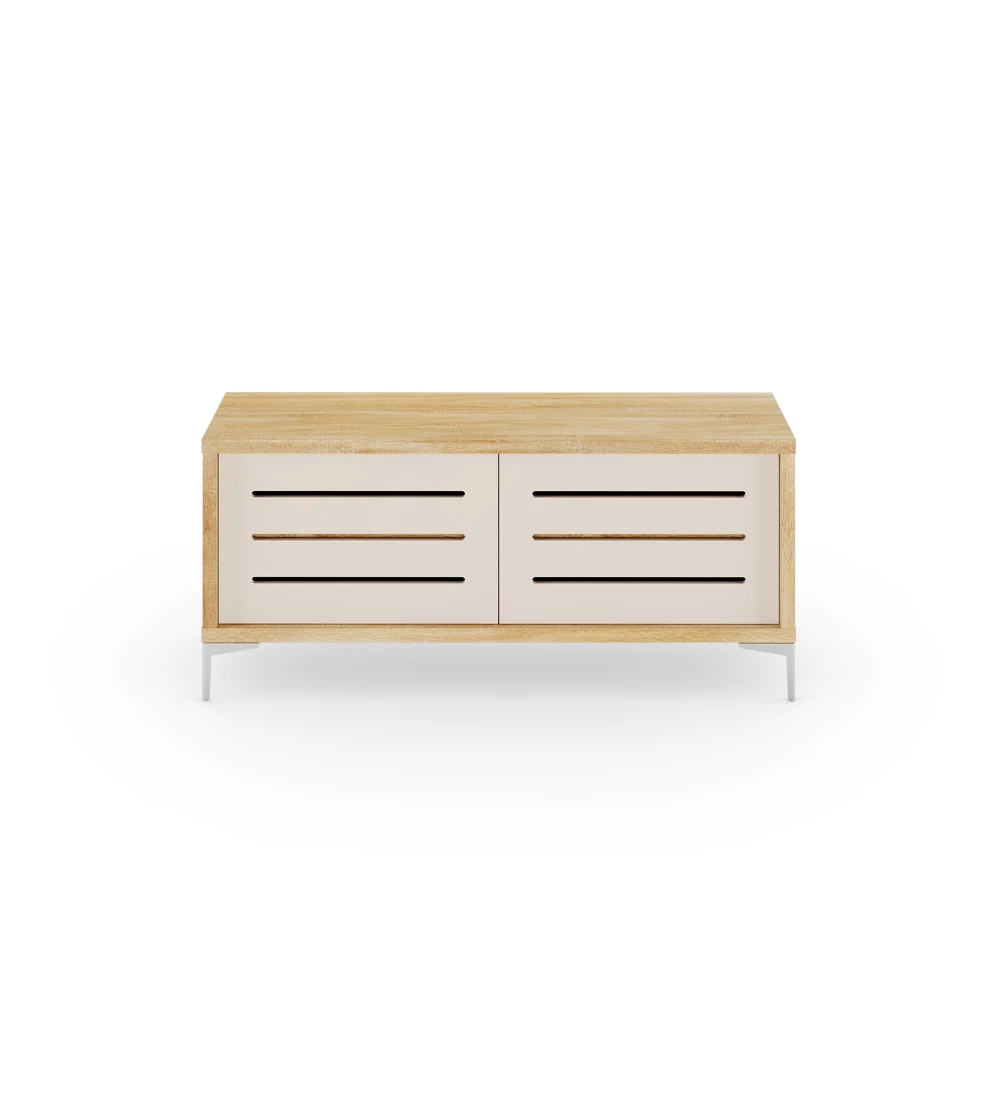 Rio TV stand 2 doors in pearl, natural oak structure and metal feet, 126 x 61 cm.